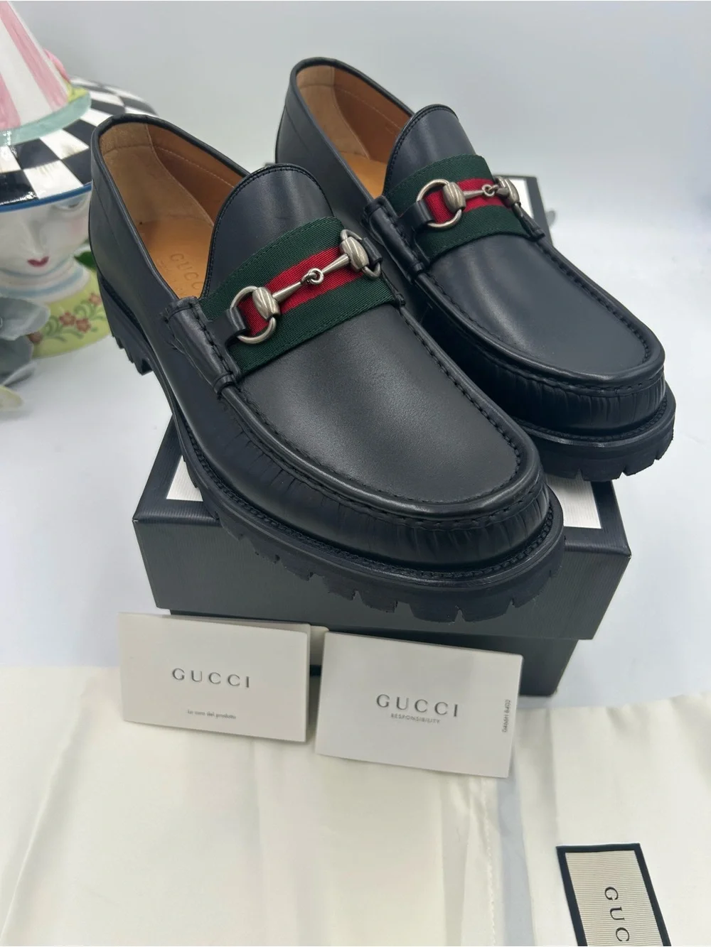 Men's Gucci lug sole web stripe horse bit loafers size 9 fits 9.5 US made Italy